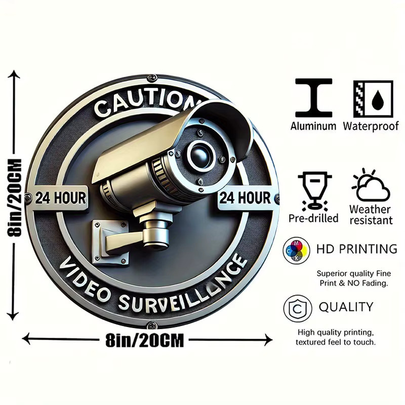 HELLOYOUNG Retro Metallschild Überwachungskamera Wanddekoration aus Eisen, Rund, Durchmesser: 20 cm - Bild 2