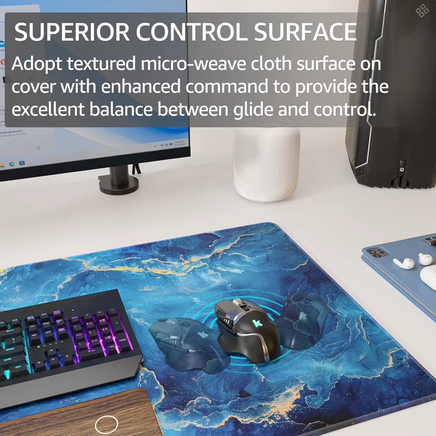 Gaming-Mauspad mit blauem Marmor-Design, wasserbeständiges Mikrogewebe und rutschfeste Basis mit genähten Kanten - Bild 2