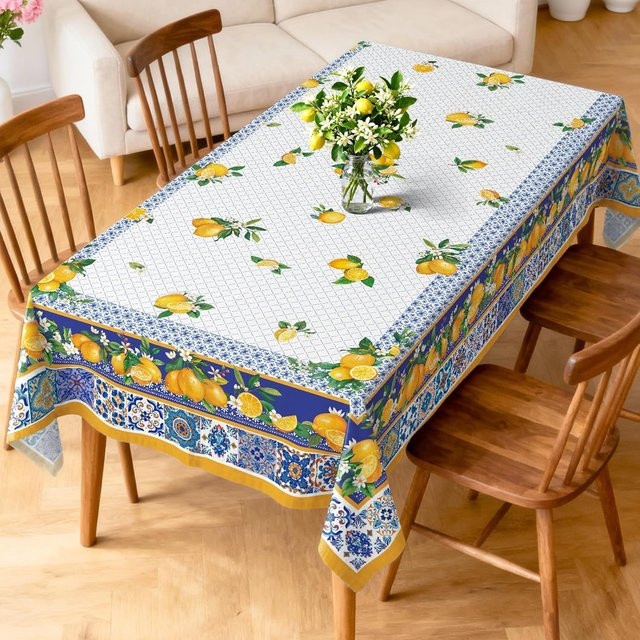 Rechteckige Tischdecke von JINGYUE Pet mit Sommer Zitronenblüten Print in Blau und Weiß, B/T: 100 x 160 cm - Bild 1