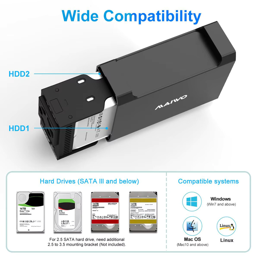 MAIWO Dual Bay 3,5-Zoll HDD Festplattenbox mit RAID-Modi und Lüfter, SATA zu USB 3.0 externe Disk Array Box - Bild 5
