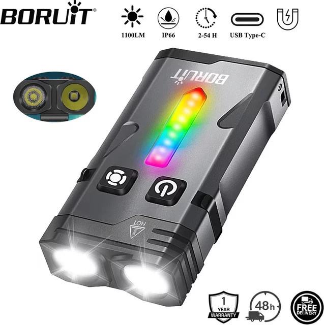 BORUiT EV10 LED-Schlüsselanhänger-Taschenlampe mit 1100 Lumen, wiederaufladbare EDC-Taschenlampe mit Magnet und Typ-C-Anschluss, Schwarz - Bild 1