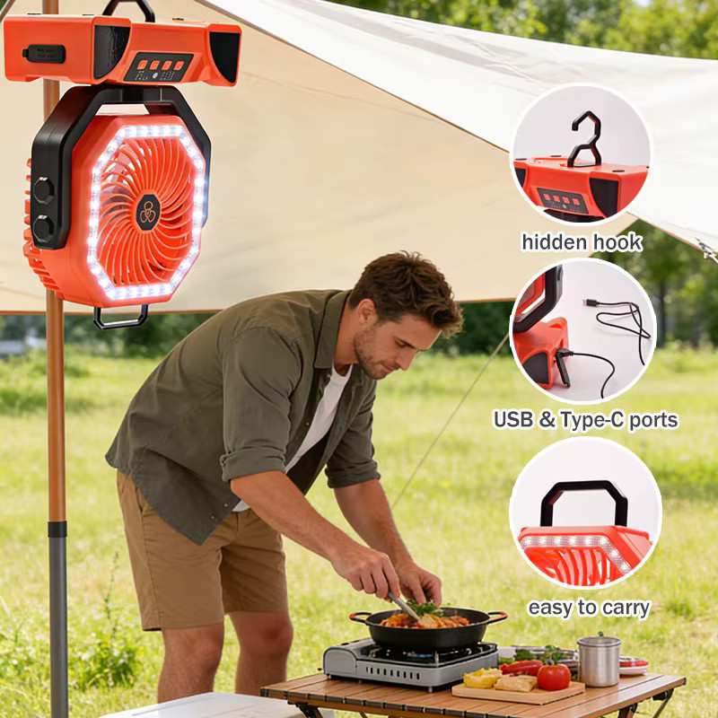 JFBONIN Tragbarer Campingventilator mit 20000mAh Akku, Fernbedienung und Licht in Schwarz und Orange - Bild 5