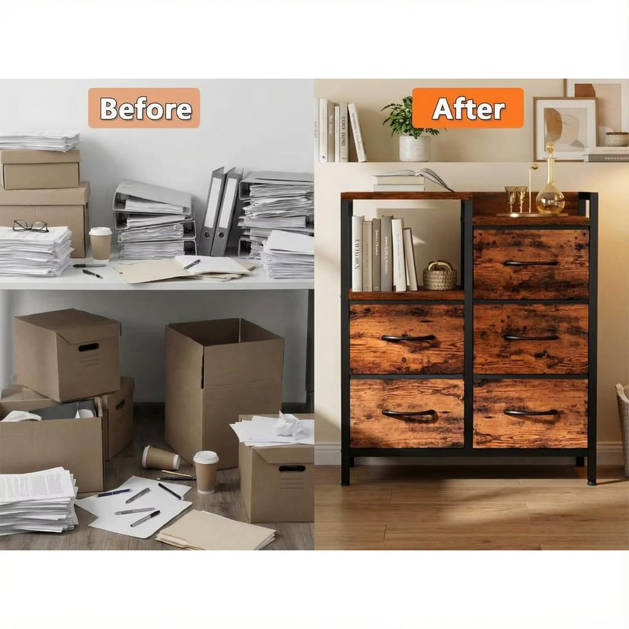 HiMISS Mobiler 5-Schubladen-Schrank mit offenem Ablagefach und Rollen, Büro-Organizer in Weiß und Braun im Industrial-Design - Bild 4
