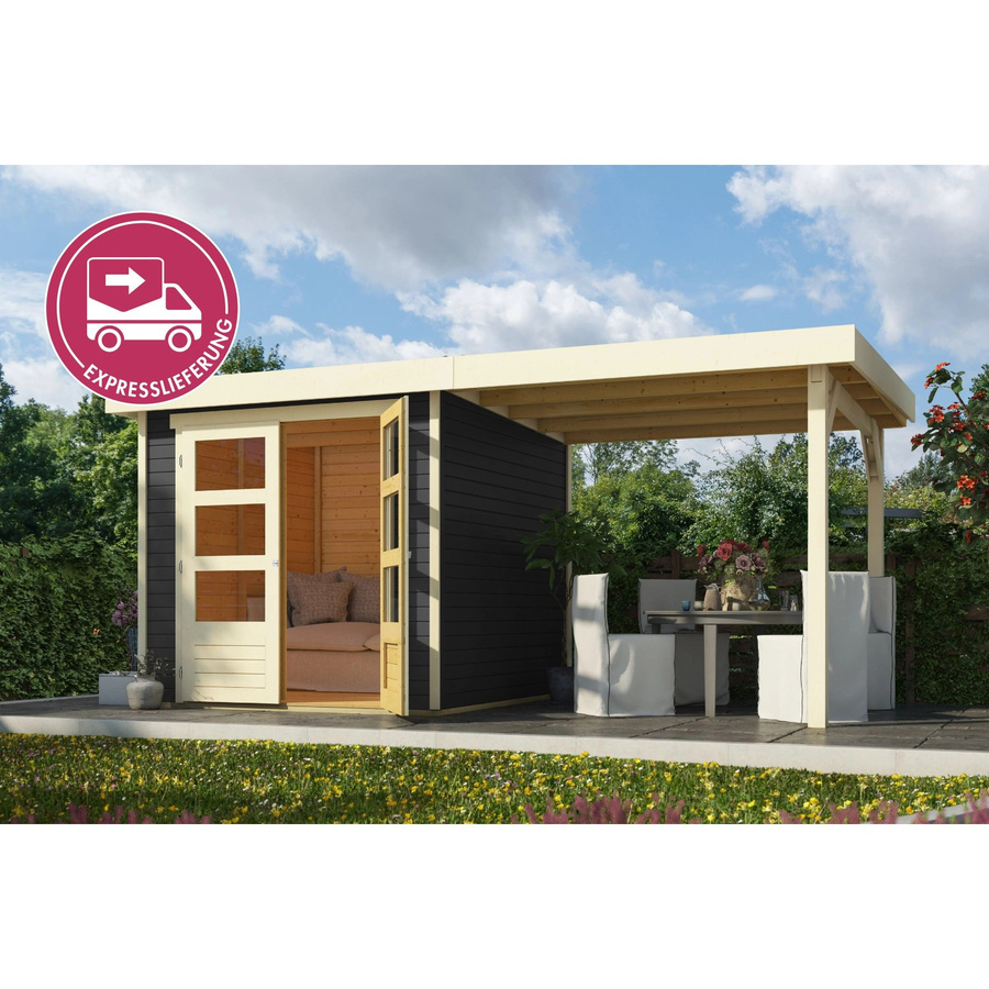Karibu Express Gartenhaus Speedy A Set in Terragrau mit Anbaudach und Flachdach - Bild 2