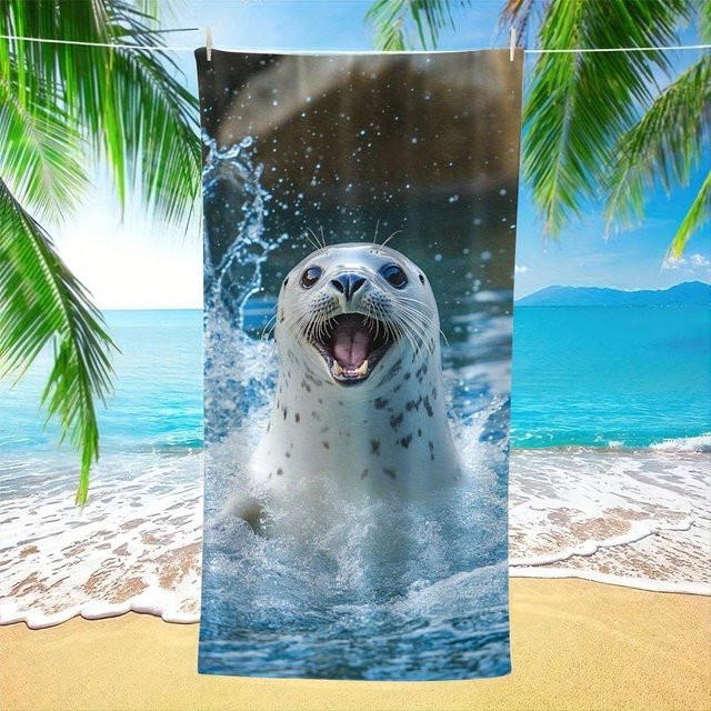 JMG Household Supplies Happy Seal Strandtuch mit niedlichem Robben-Motiv, schnelltrocknendes Mikrofaser Badetuch für Kinder, B/B: 100 x 200 cm, Multicolour - Bild 1