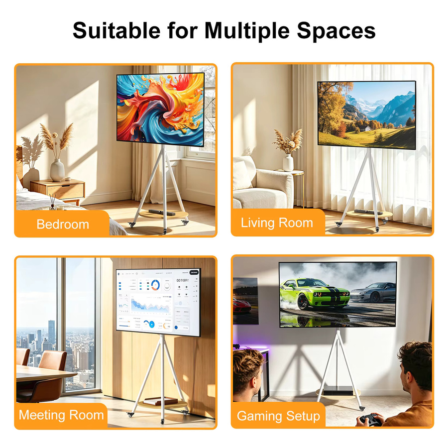UNHO Eck-TV-Ständer mit Rollen in Weiß, mobiler TV-Wagen für 40-75 Zoll Fernseher bis 50 kg, minimalistisches Design aus Metall für Zuhause, Büro oder Schule - Bild 4