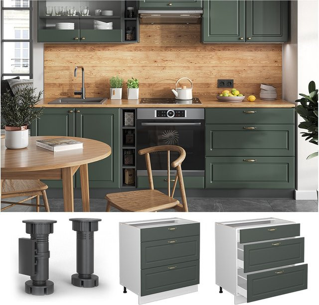 Vicco Küchenunterschrank Fame-Line Landhaus Weiß Grün Gold mit 3 Schubladen Breite: 80 cm - Bild 1