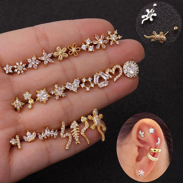 Maodane Ohrring, Edelstahl, Blume, CZ Zirkon, Tragus Knorpel Helix Stern - Bild 1