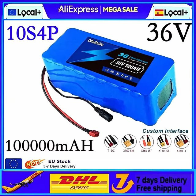 10S4P 100Ah Lithium-Akku 36V mit BMS für Elektrofahrräder und Elektroroller, 1000W Leistung, Blau - Bild 1