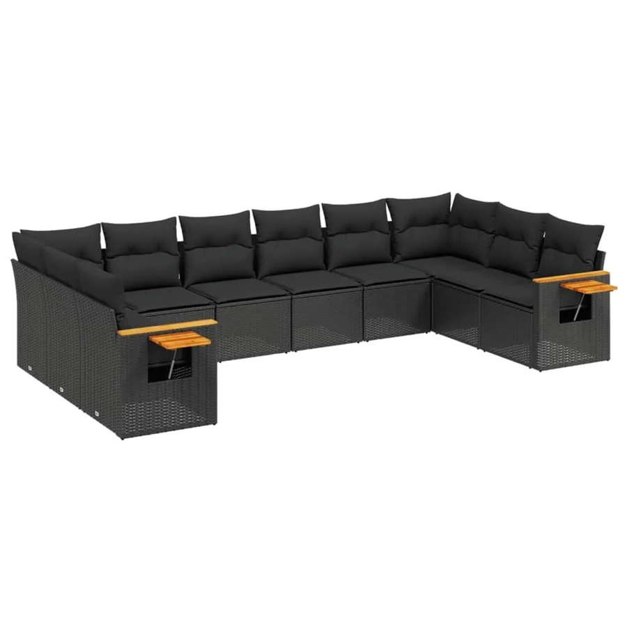 vidaXL 10-tlg. Garten-Sofagarnitur in L-Form aus Polyrattan und Akazienholz mit Kissen, Schwarz - Bild 2
