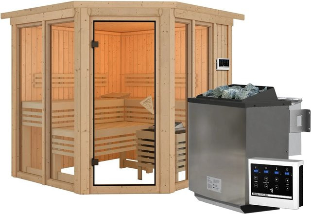 Karibu Sauna Airini Bio mit Ofen 9 kW und Kranz in Naturbelassen Brown - Bild 1