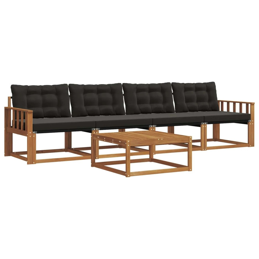 vidaXL Outdoor-Sofagarnitur 5-teilig aus Akazienholz und Textilene in Natur und Schwarz mit Kissen und Tisch - Bild 2