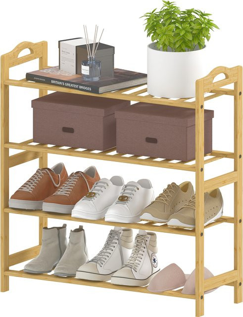 HOMCOM Bambus-Schuhregal mit 4 Ebenen für 12 Paar Schuhe, Naturholzoptik Braun, B/T/H: 67,5 x 24,7 x 72 cm - Bild 1