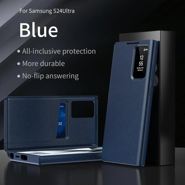 Leder S-View Windows Wallet Flip Case für Samsung Galaxy S25 S24 S23 S22 Ultra Plus S23 FE A56 A55 mit Kartenfach in Blau - Bild 1