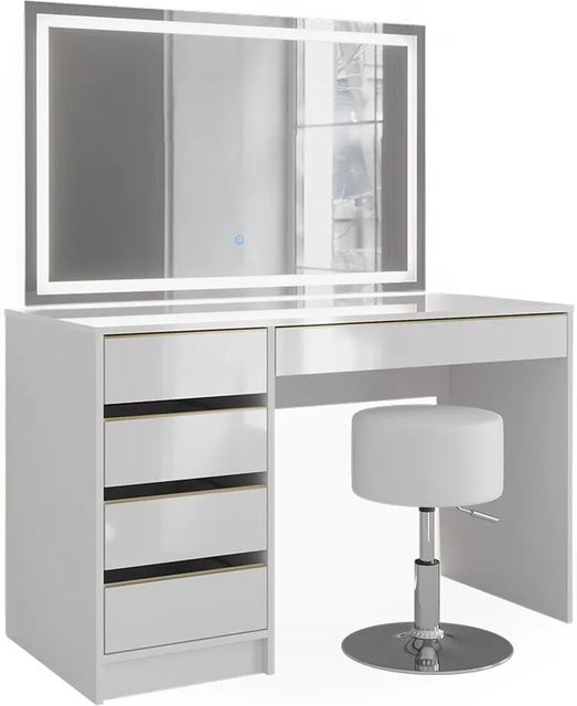 Vicco Schminktisch Sherry Weiß Hochglanz Gold mit LED-Spiegel und Hocker, B: 120 cm, T: 75 cm, H: 75 cm - Bild 2