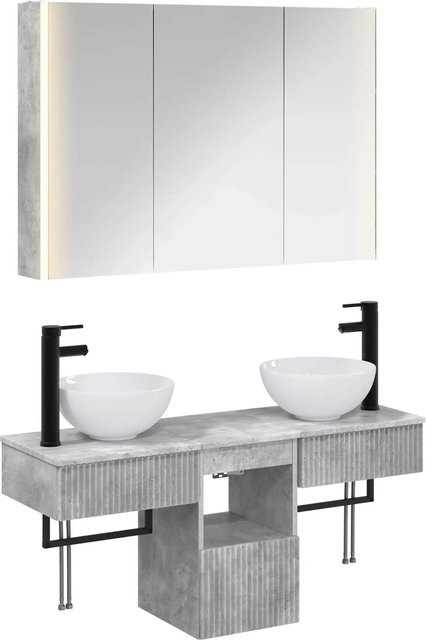 vidaXL Badezimmerschrank-Set 4-teilig in Betongrau mit LED-Beleuchtung und Spiegelschrank, B/T/H: 103,5 x 15,5 x 70 cm - Bild 1