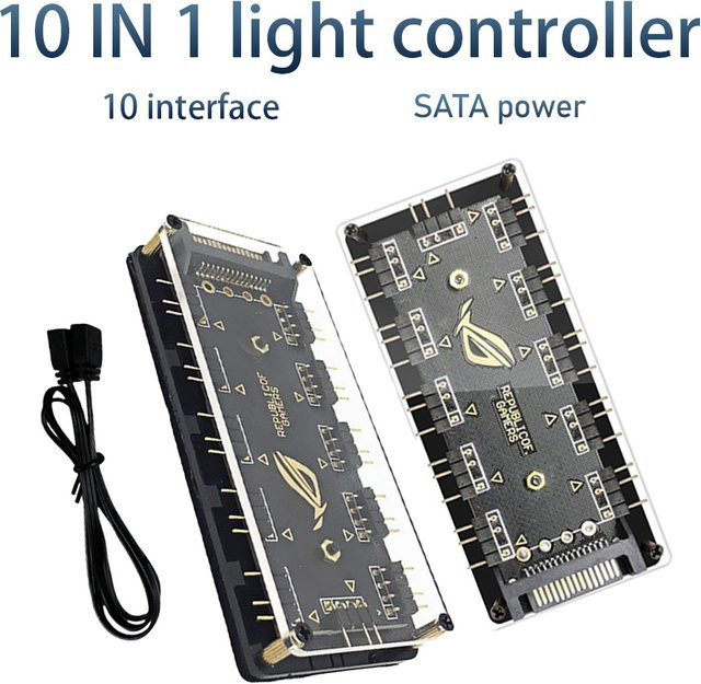 AuyiHomu 10-in-1 ARGB Lichtsteuerung für PC RGB Lüfter-Hub mit SATA-Stromversorgung, 5V 3-Pin Adressierbarer RGB-Splitter für Computer-Gehäuse und LED-Streifen, Schwarz - Bild 1