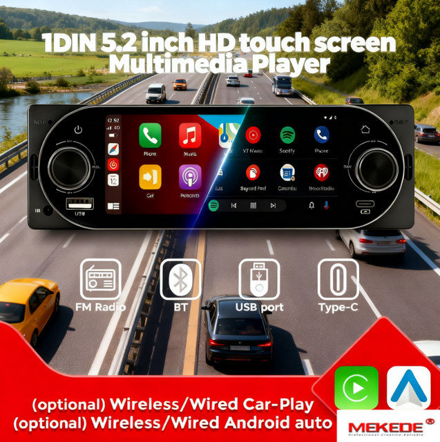 STRONGNAVI 1DIN MP5 Autoradio mit 5,2 Zoll HD-Touchscreen, Dual-Knob, Carplay, Bluetooth, USB und FM-Radio in Schwarz - Bild 1