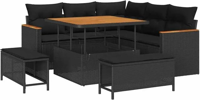 vidaXL 8-teiliges Gartensofa-Set in Schwarz aus Polyrattan und Akazie mit Kissen für Garten, Terrasse und Balkon - Bild 1