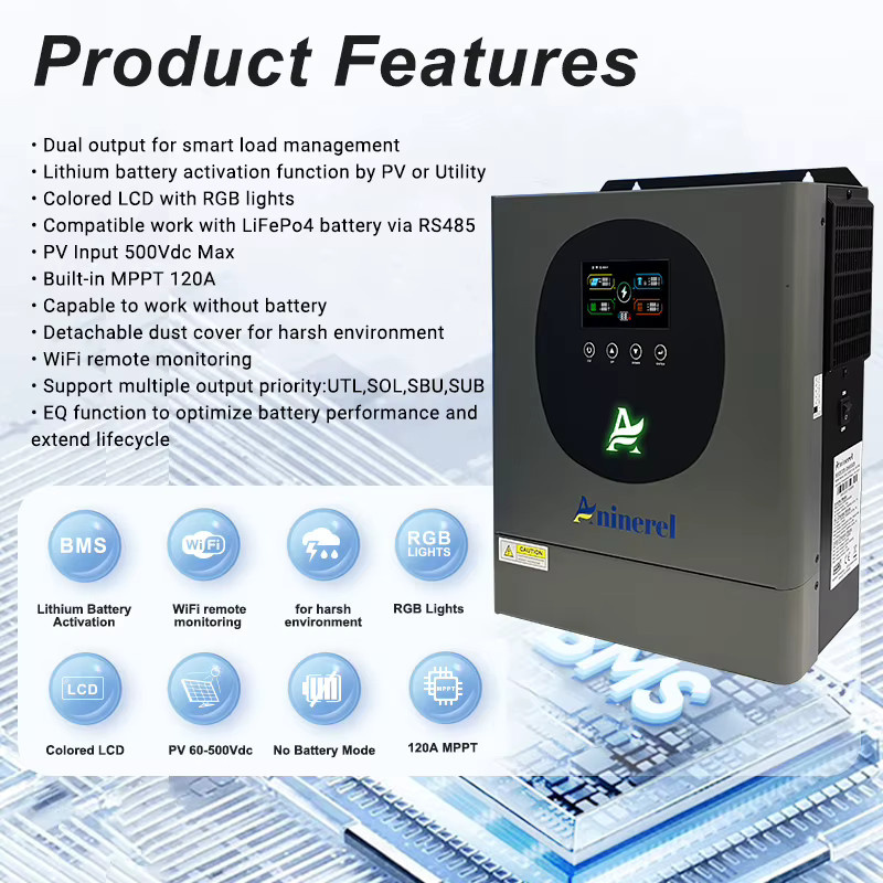 Aninerel Hybrid-Wechselrichter mit MPPT Solarladeregler in Grau, 2KW/4KW, 12V/24V, 220V, 60A/120A, PV 160VDC-500VDC - Bild 2