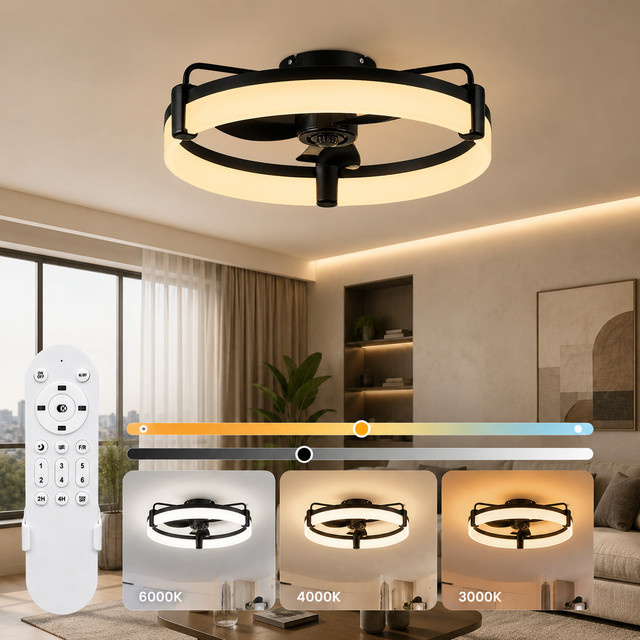 Aiopp Reversibler LED-Deckenventilator mit Fernbedienung, dimmbarer Beleuchtung und Timer, runder Deckenventilator in Schwarz und Weiß mit leisem DC-Motor - Bild 1