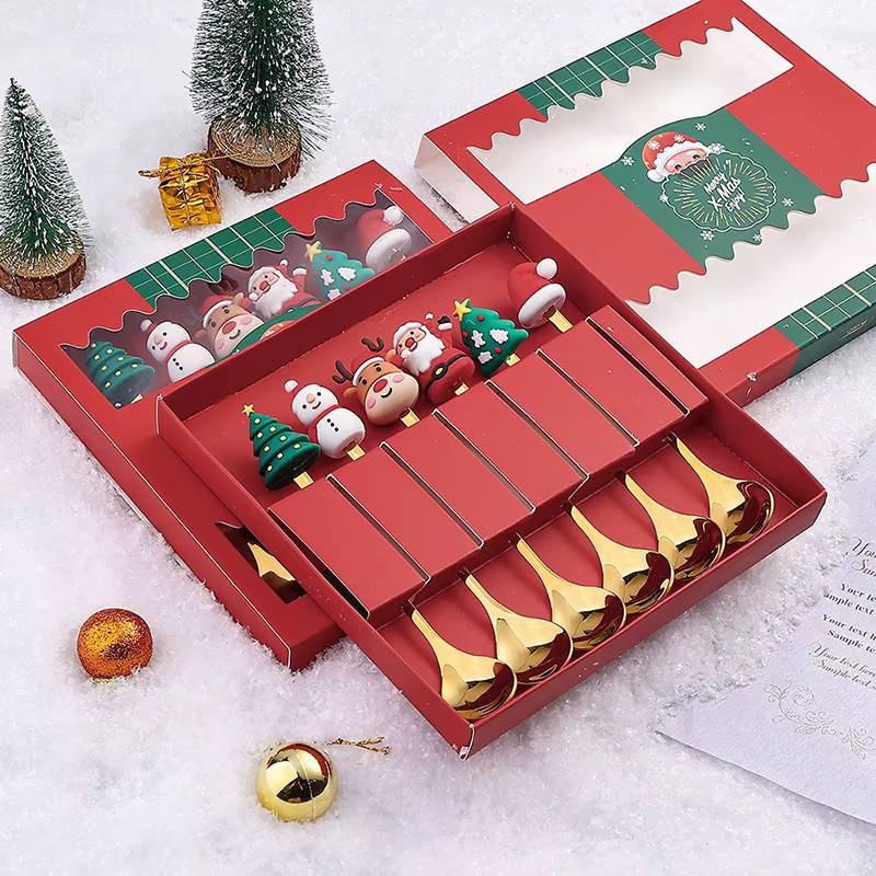 HUXUAN Weihnachts Besteckset aus Edelstahl mit Elch-Design in Gold, Löffel und Gabel für Dessert und Kaffee - Bild 3