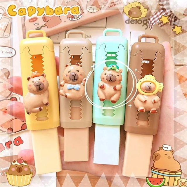 Niedliches Capybara Radiergummi-Set im Cartoon-Design, einziehbarer 4B-Radiergummi für Kinder, Studenten und das Büro - Bild 1