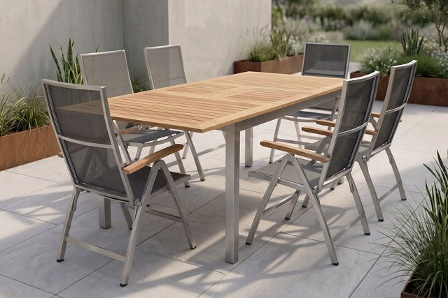 Stern Cardiff Garten-Essgruppe aus Edelstahl und Teakholz in Silber/Silbergrau mit ausziehbarem Tisch und 6 Klappstühlen, Tisch B: 150 bis 200 cm, T: 90 cm, H: 75 cm - Bild 1