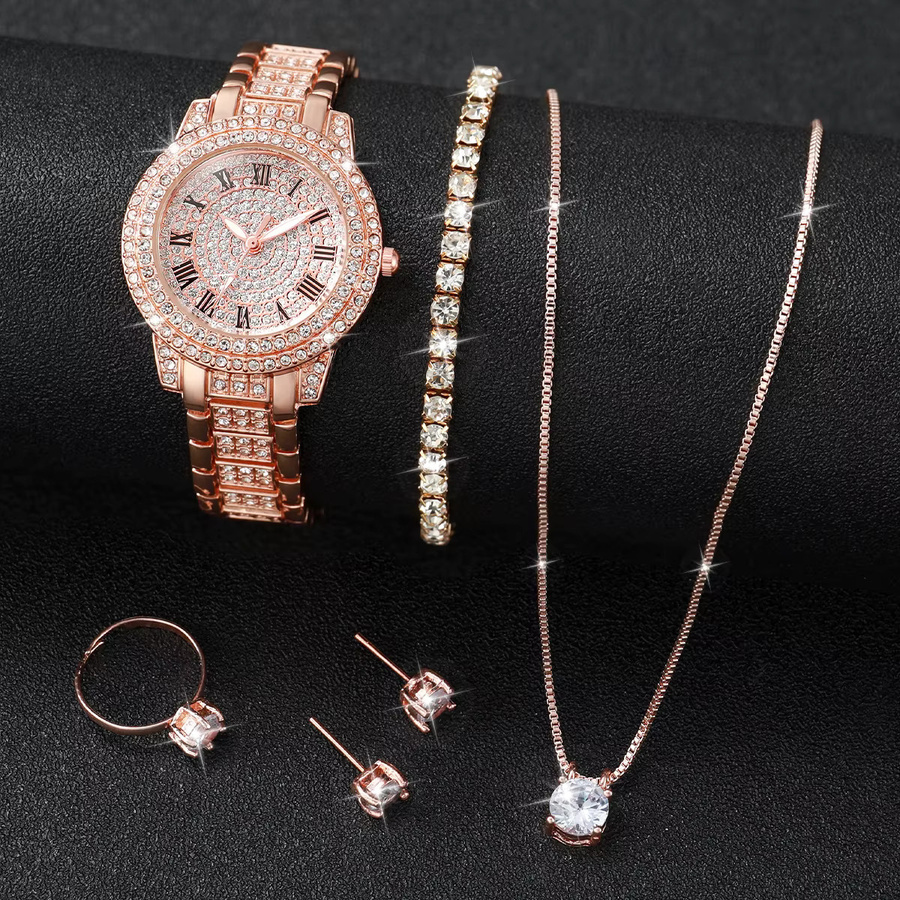 Schmuck-Set Damen, Armbanduhr Quarz, Edelstahl, Roségold, Diamantbesetzt - Bild 3