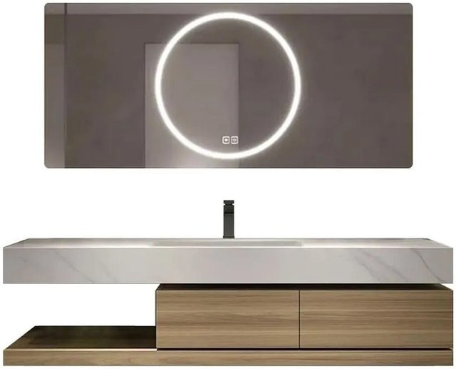 360Home Badezimmer-Waschtisch-Set mit Keramik-Waschbecken, Schrank und LED-Spiegel in Braun, B/T/H: 120 x 55 x 35 cm - Bild 1