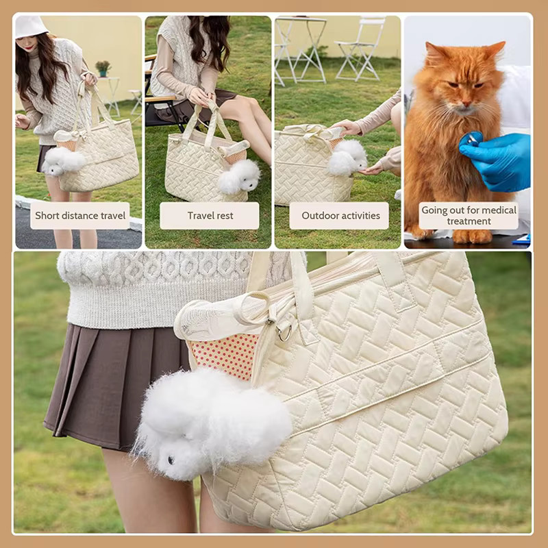 JTPAWS Tragbare Haustier-Tragetasche für Katzen und Welpen mit atmungsaktivem Netzgewebe und weichem Kissen in Pink und Beige - Bild 2