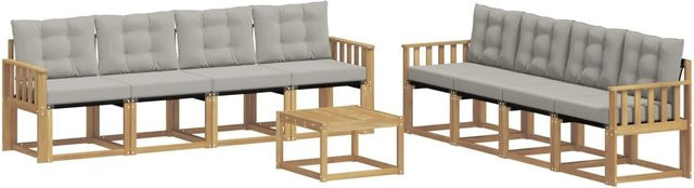vidaXL Outdoor-Sofagarnitur 9-teilig aus Akazienholz mit Textilene und Kissen in Weiß-Hellgrau - Bild 1