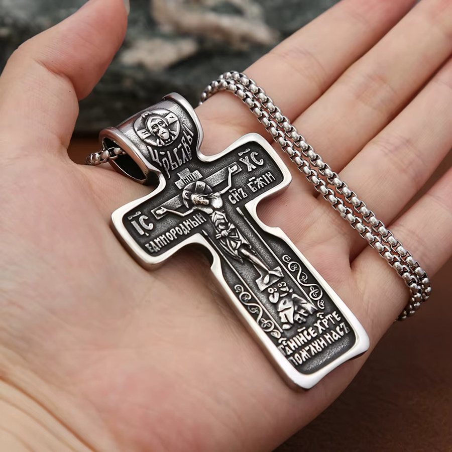 owlucky Anhänger Halskette, Kreuz, Edelstahl, Silber, Unisex, Vintage - Bild 2