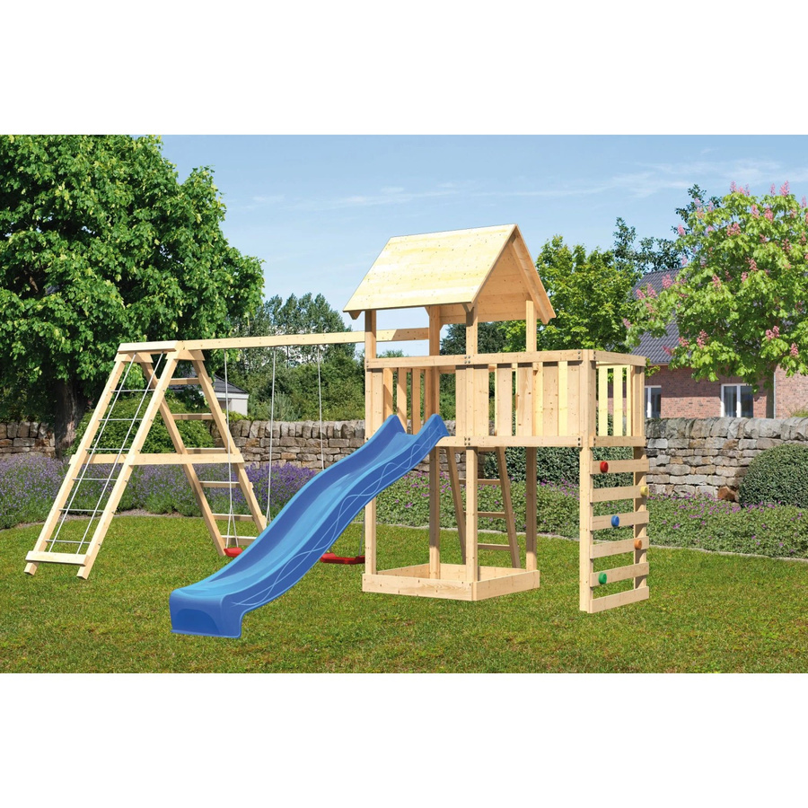 Karibu Spielturm Lotti mit Doppelschaukel, Kletterwand und Rutsche in Blau - Bild 2