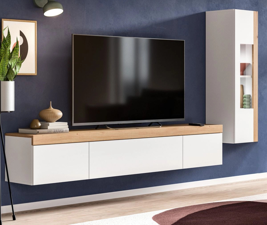 Inn.Furn Wohnwand 2-teilig Siena in Weiß und Eiche mit Vitrine und Lowboard, Breite: 225 cm - Bild 3