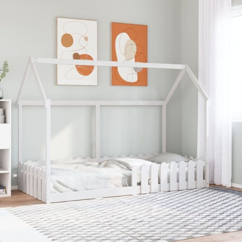 vidaxl Kinderhausbett aus Massivholz Kiefer in Weiß, Landhausstil und minimalistisches Massivholzbett, B/T/H: 90 x 190 cm - Bild 1