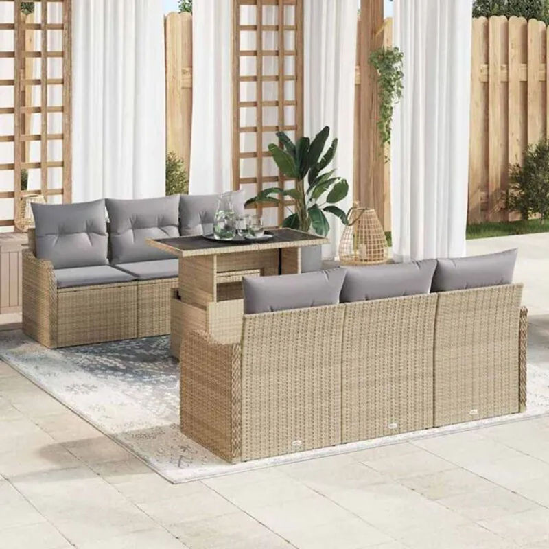 Vidaxl Garten-Sofa-Set aus 7 Teilen in Beige, modernes Polyrattan Loungemöbel-Set, B/T/H: 100 x 55 x 73 cm - Bild 1