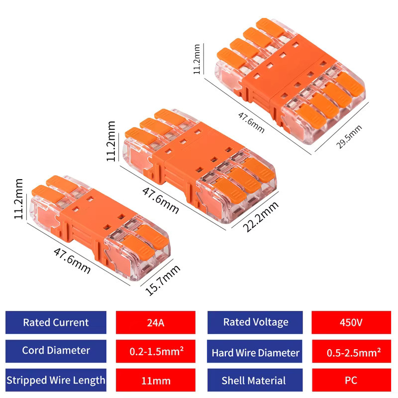 JINH Schnellhebel-Drahtverbinder Set, 5 Stück, Anschlussblöcke für Heimverkabelung, männlich und weiblich, Orange, 24 A, 20–13 AWG - Bild 3