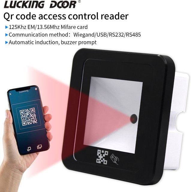 LUCKING DOOR RFID Barcode 2D QR Code Leser für Zugangskontrolle in Schwarz, B/H: 8,6 x 8,6 cm, mit USB RS232 RS485 Schnittstelle und 125Khz/13,56Mhz Unterstützung - Bild 1
