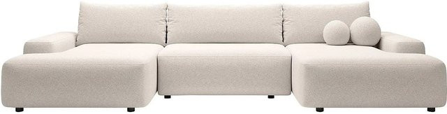 Vente-unique Schlafsofa Daviso in Creme Beige meliert mit Schlaffunktion und Auszugsschublade, L-Form, Breite: 360 cm - Bild 1
