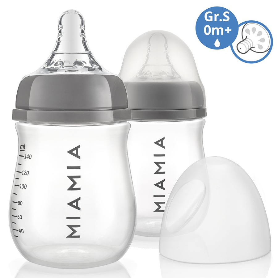 MiaMia PP-Flaschen 2er Pack mit Silikon-Trinksauger Grösse S, Grau, 140 ml - Bild 1