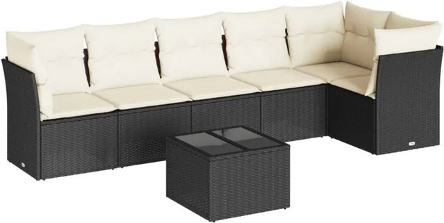 vidaXL 7-teilige Garten-Sofagarnitur in L-Form aus Poly-Rattan mit Kissen und Stauraum, Schwarz-Creme - Bild 1