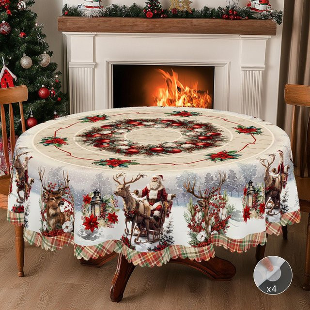 JINGYUE Pet Weihnachts-Tischdecke im Vintage-Bauernhaus-Stil mit Weihnachtsmann, Rentier und Weihnachtsbaum-Aufdruck, weiß, Durchmesser: 180 cm - Bild 1