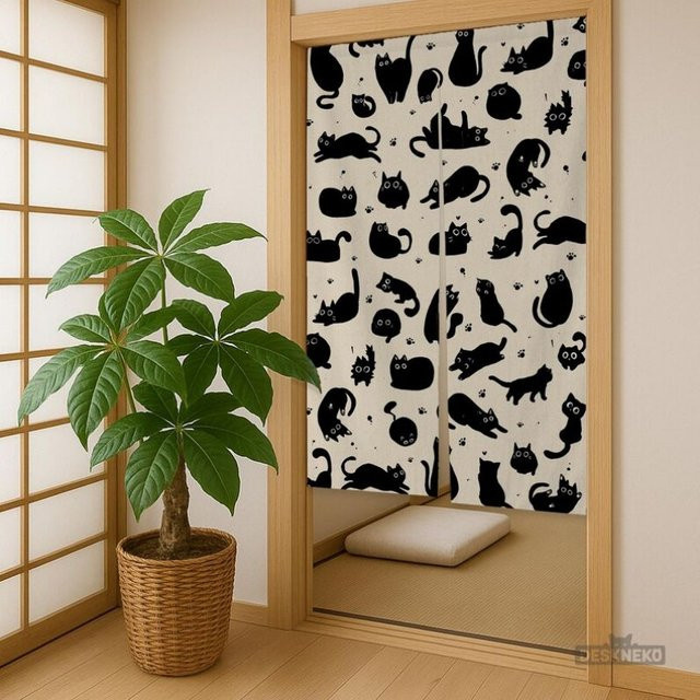VIKAMA Noren-Vorhang mit schwarzer Katze Silhouette, dekorativer Türvorhang in Schwarz für Wohnzimmer, Schlafzimmer und Küche, Breite: 90 cm, Höhe: 65 cm - Bild 1