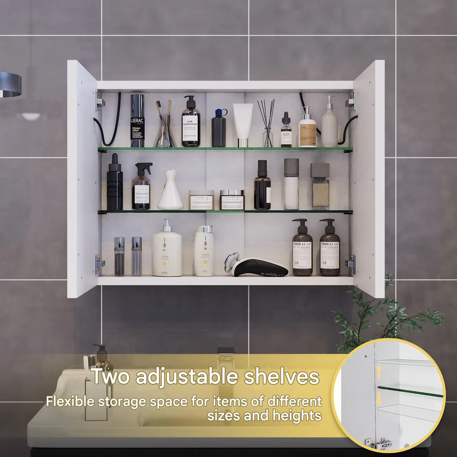 Intelligenter Badezimmerspiegelschrank mit LED-Beleuchtung in Weiß, wandmontiert, mit Stauraum und verstellbaren Regalen, B/T/H: 80 x 13,5 x 60 cm - Bild 2