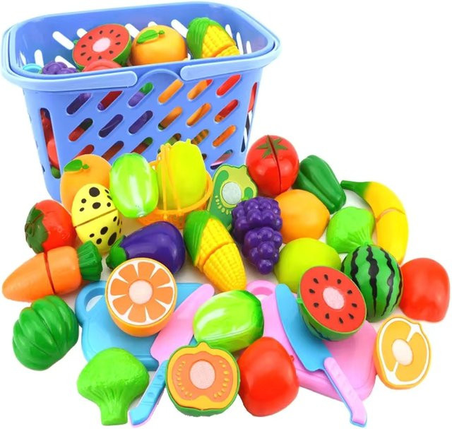 CONUSEA Küchenspielzeug-Set mit Obst und Gemüse zum Schneiden, Rollenspiel-Zubehör mit Einkaufskorb für Kleinkinder, Mehrfarbig - Bild 1