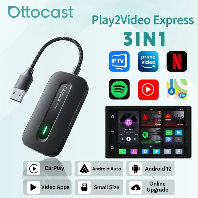 OTTOCAST Play2Video Express Wireless CarPlay und Android Auto Adapter für YouTube und Netflix in Schwarz - Bild 1