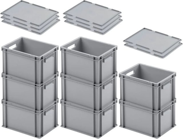 PROREGAL SuperSparSet 8er Pack Eurobehälter mit offenem Griff und Auflagedeckel, Grau, H x B x T: 23,5 x 30 x 40 cm - Bild 1