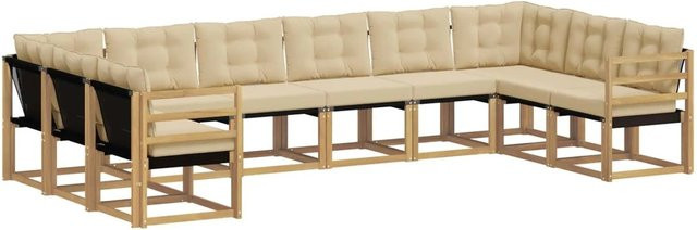vidaXL Outdoor-Sofagarnitur in U-Form aus Akazienholz mit Textilene und Kissen, Weiß und Beige - Bild 1
