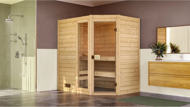 WEKA Massivholzsauna Valida Eck 1 für 6 Personen in Braun inklusive 7,5 kW Ofen mit externer Steuerung und Glasfenster - Bild 3